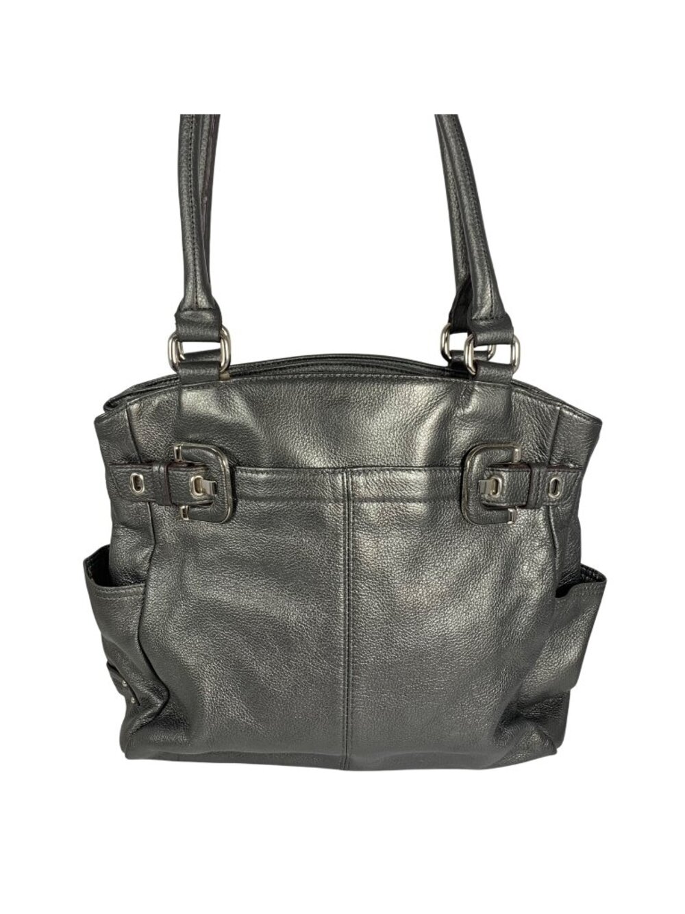 TIGNANELLO Metallic Gray Pebbled Leather Tote Satchel Handbag Buckle Detail FLAW